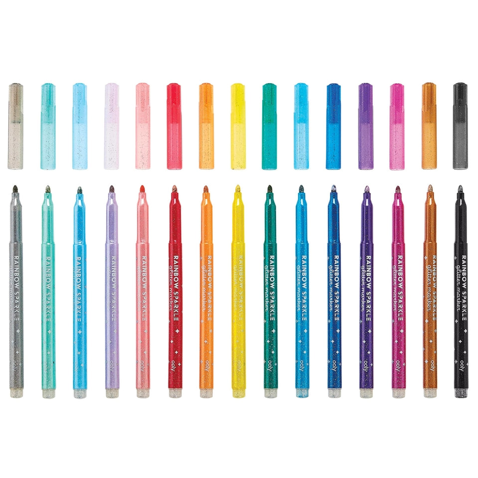 Set of ten rainbow glitter markers with rounded tips in classic colors and five pastel shades.