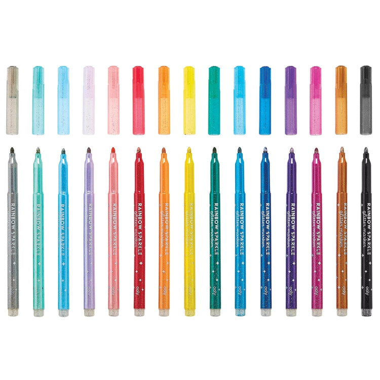 Set of ten rainbow glitter markers with rounded tips in classic colors and five pastel shades.