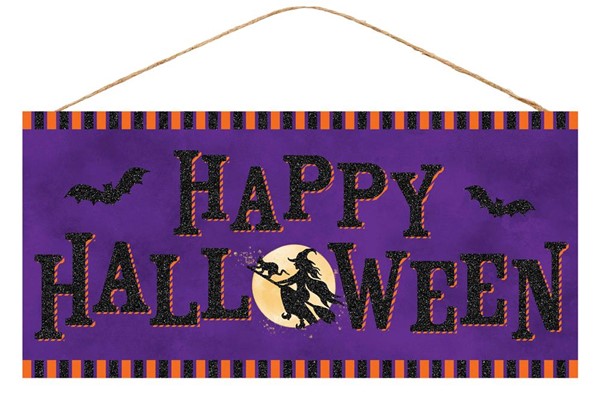 Purple Happy Halloween sign with a witch on a broomstick, bats, and orange striped borders.
