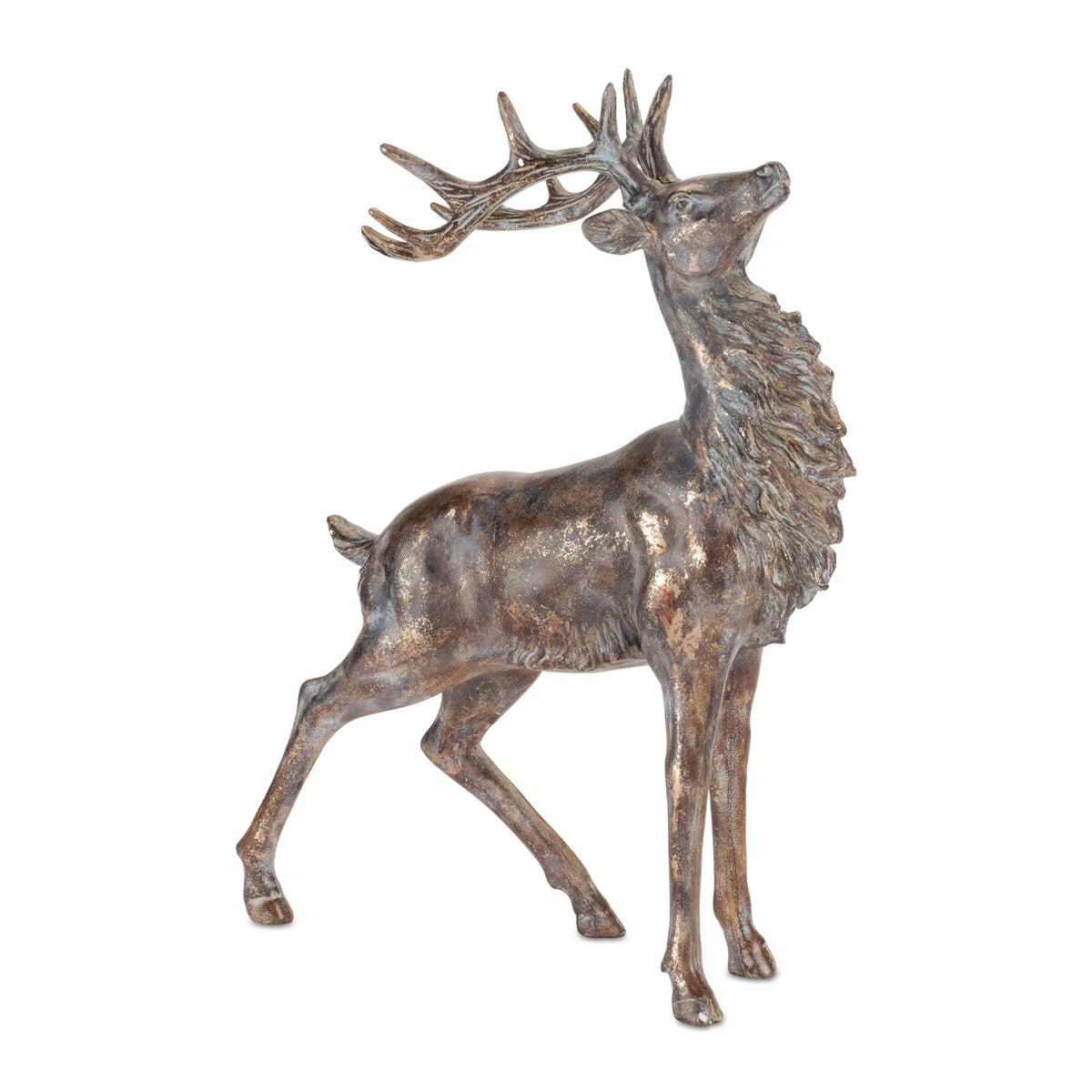 Graceful resin deer figurine with detailed antlers and a textured bronze-like finish.