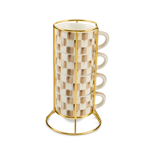 Check Cappuccino Cup Tower with four stacked stoneware mugs in a gold-tone metal stand.