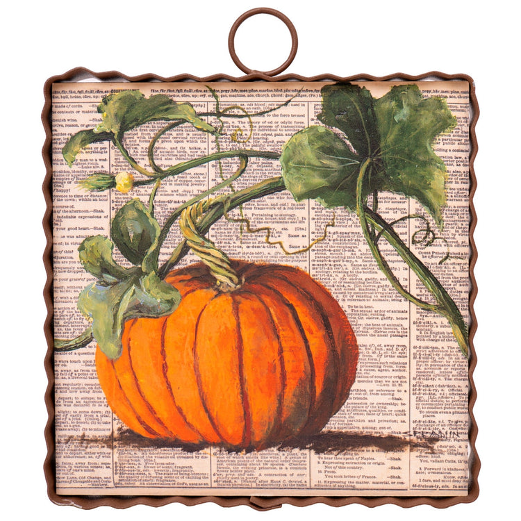 Mini pumpkin print on a dictionary page background with a metal frame and hanging loop.