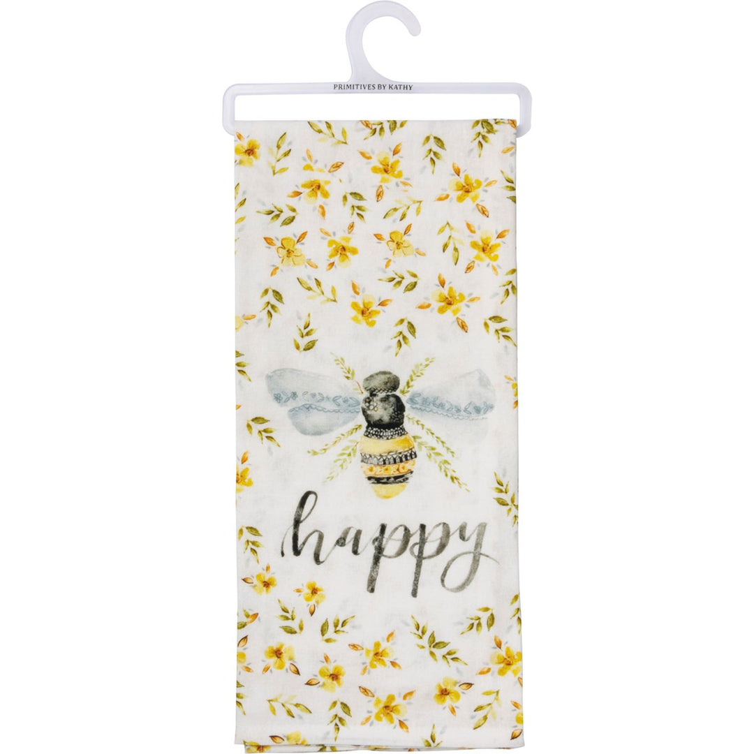 White cotton kitchen towel with a bee and yellow floral pattern, featuring the word 'happy'.