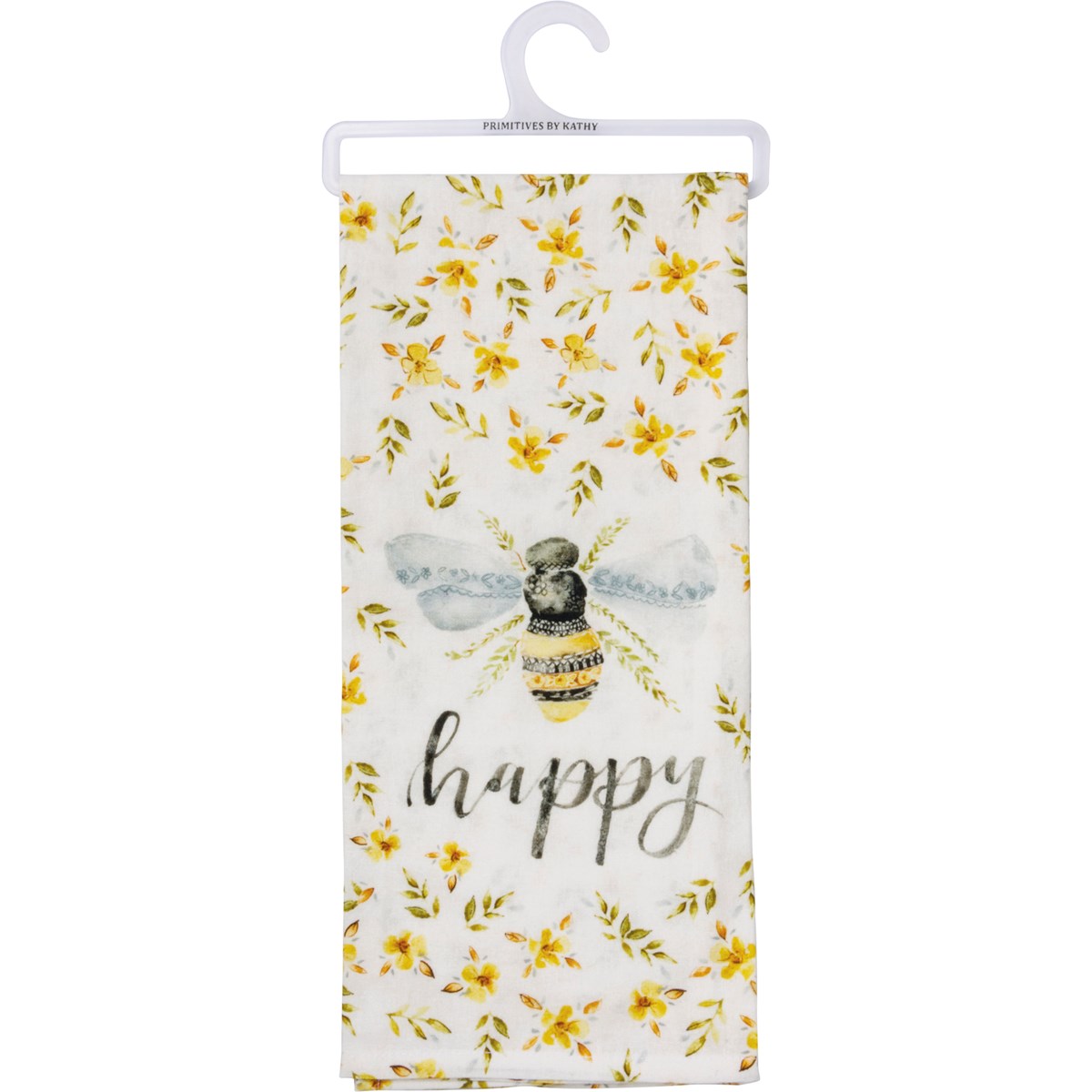 White cotton kitchen towel with a bee and yellow floral pattern, featuring the word 'happy'.