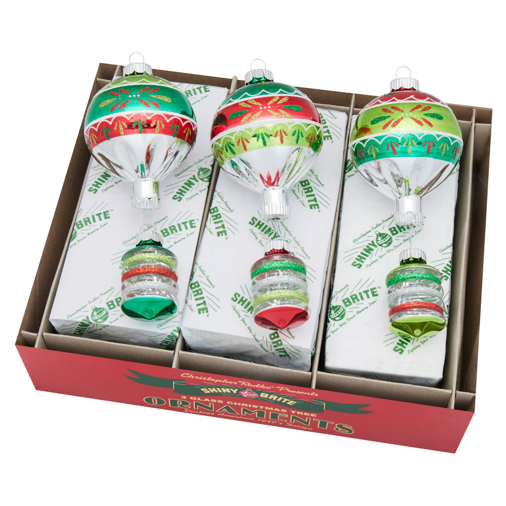 Set of 3 vintage-style 7-inch glass Christmas ornaments in a red Shiny Brite display box.