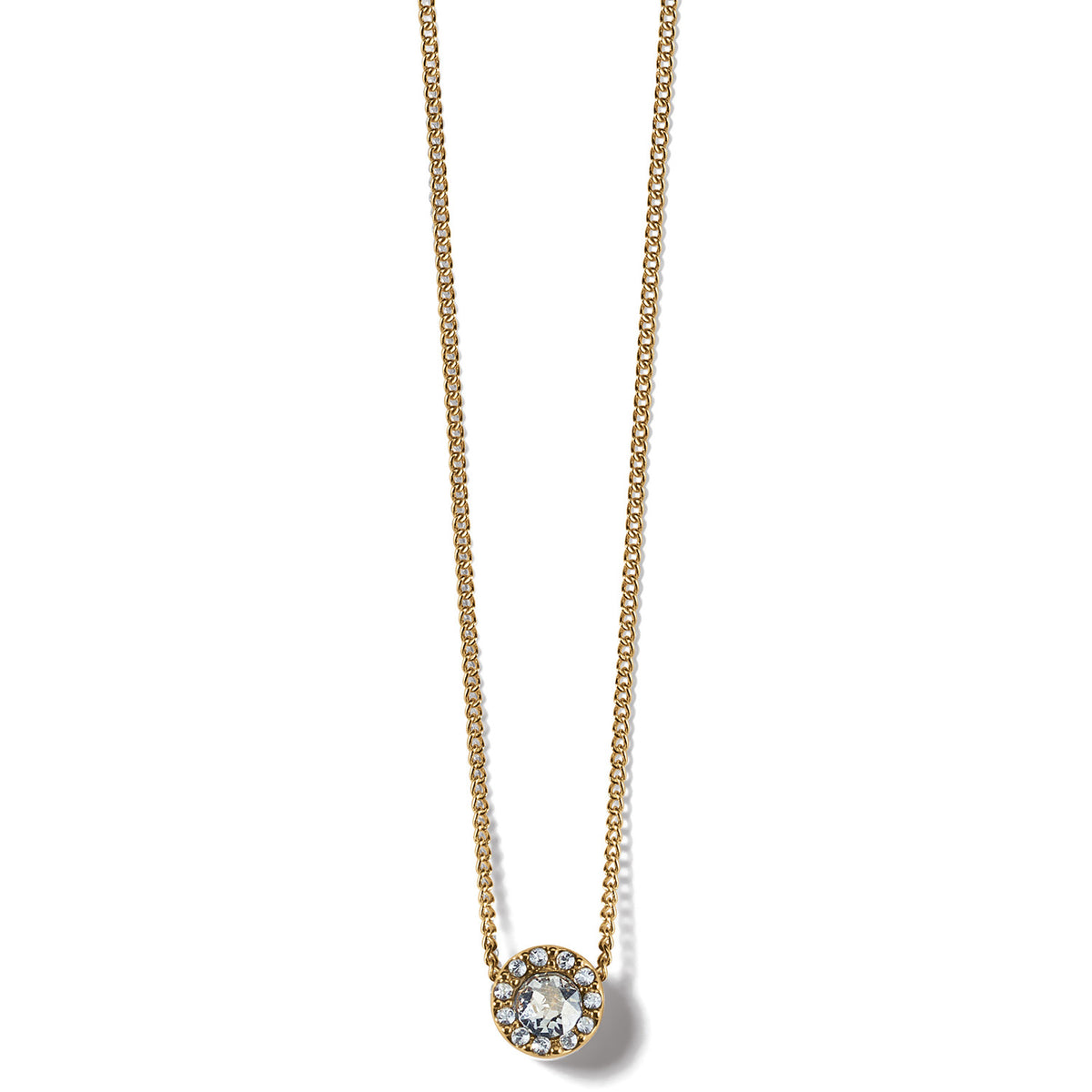 Gold plated adjustable necklace with a crystal solitaire pendant on an 18-inch chain.