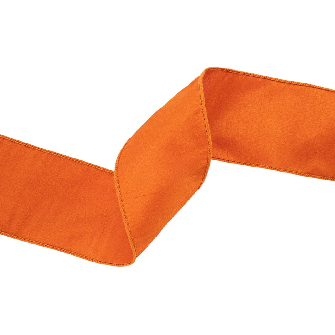 4 inch wide pumpkin orange wired dupioni ribbon with a textured finish and stitched edges.