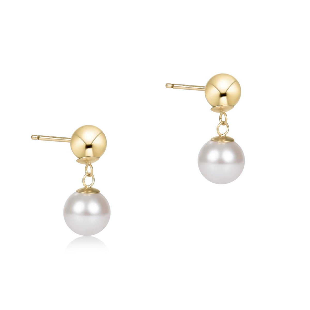 Classic 10mm ball drop stud earrings in gold with white pearl drops on a white background.