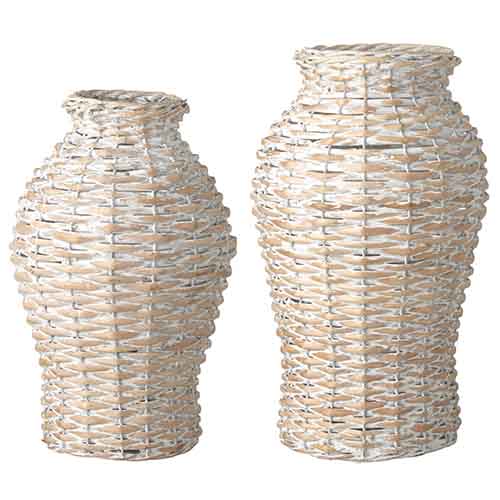 Two white-washed willow vases with woven texture in whitewash finish.