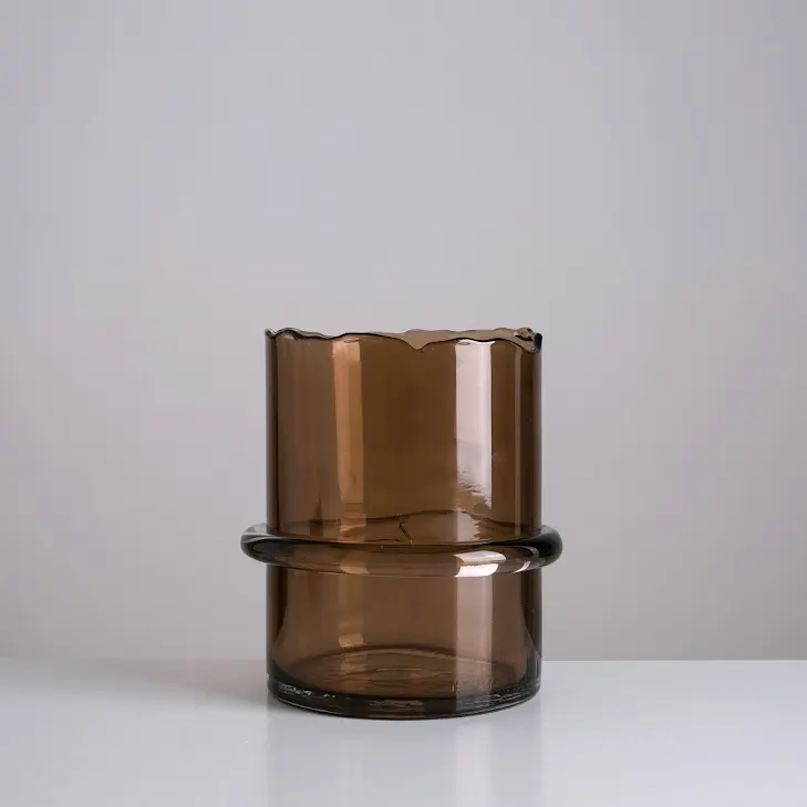 7.7-inch cylindrical brown tinted glass vase with a wavy rim and a decorative middle ring.