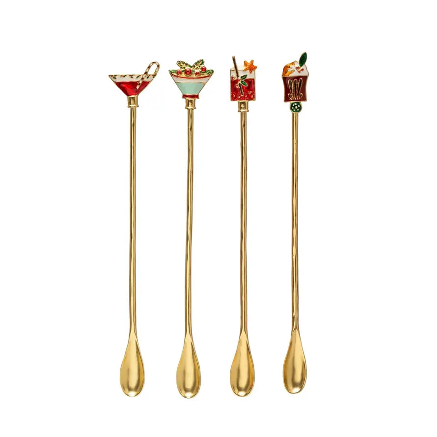 Zinc alloy cocktail spoon with enameled beverage icon handle in white.