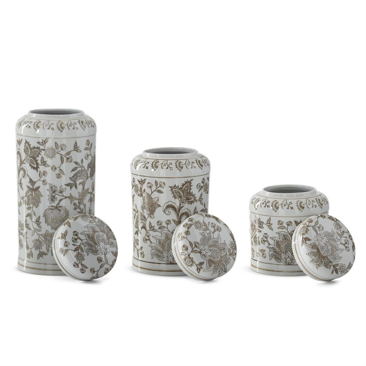 Taupe and white porcelain lidded jar with chinoiserie pattern