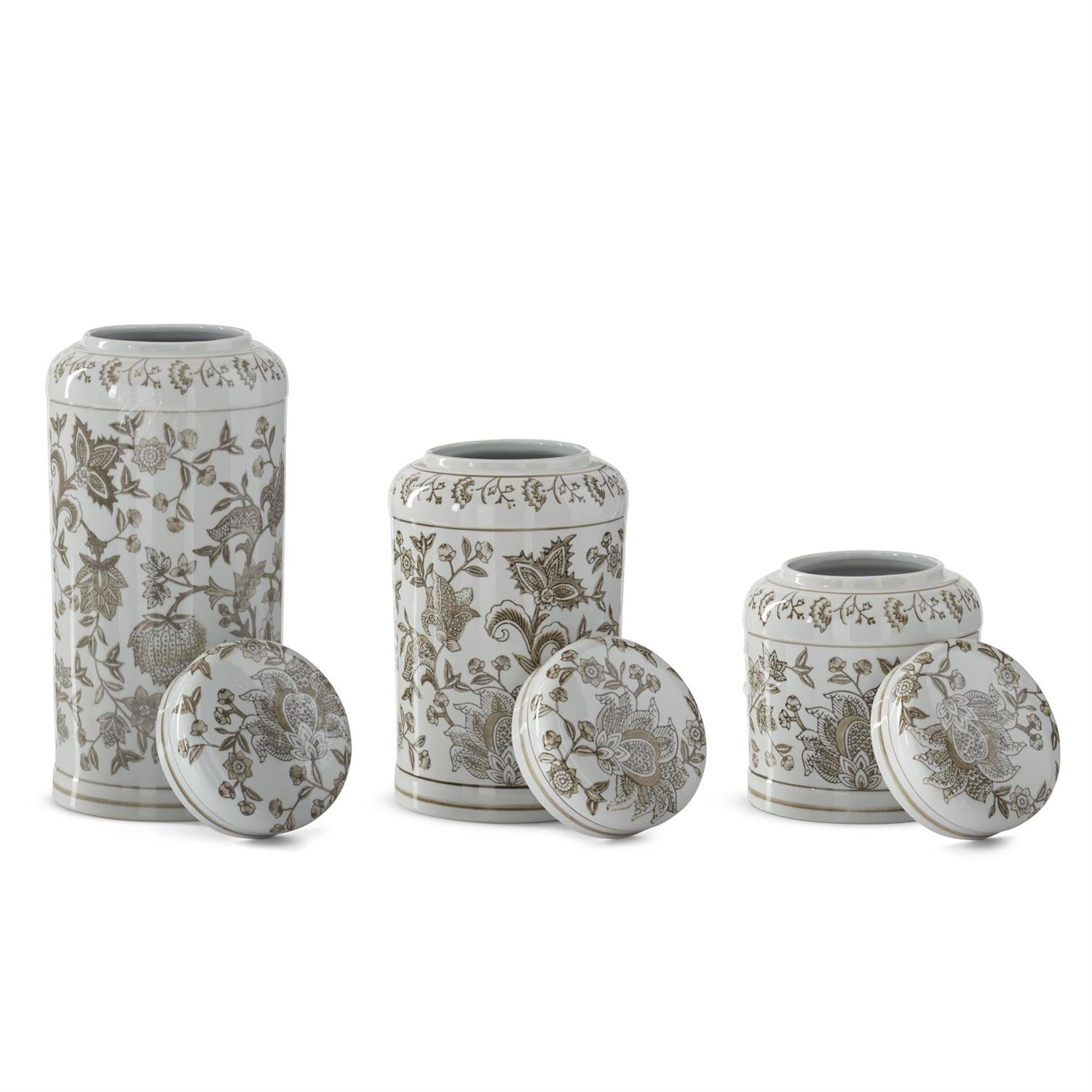 Taupe and white porcelain lidded jar with chinoiserie pattern