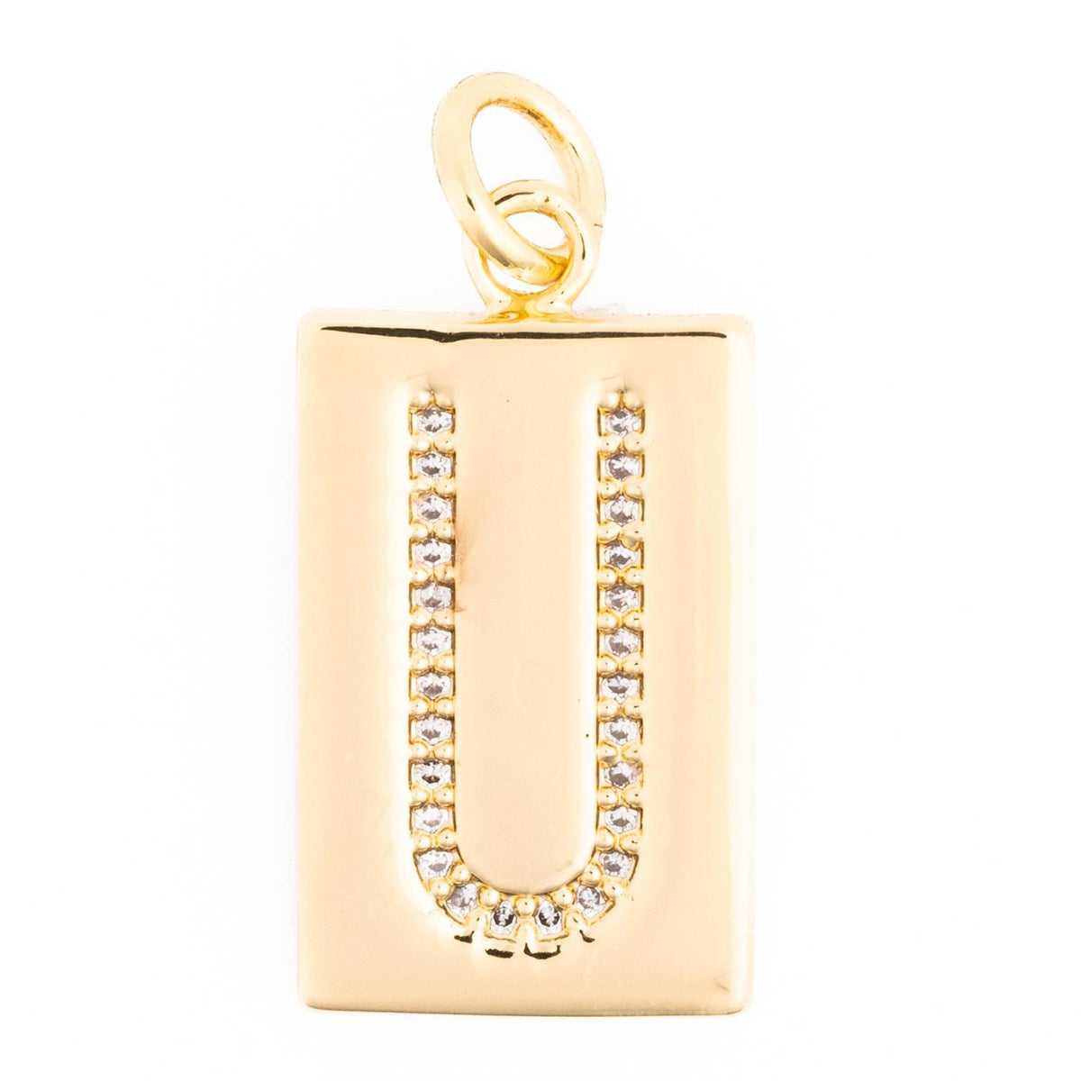 Gold rectangular charm featuring a crystal-encrusted letter U with a top bail.