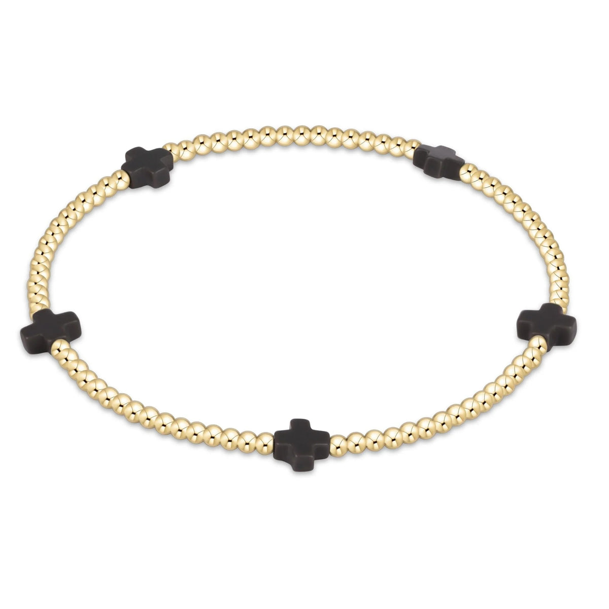 Signature Cross Small 2mm Gold Bracelet with five black cross beads on a gold-filled beaded band.