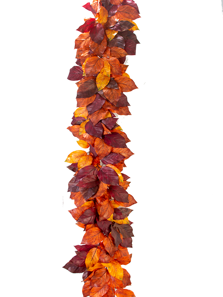 63-inch Salal leaf garland featuring a dense arrangement of artificial autumn leaves.
