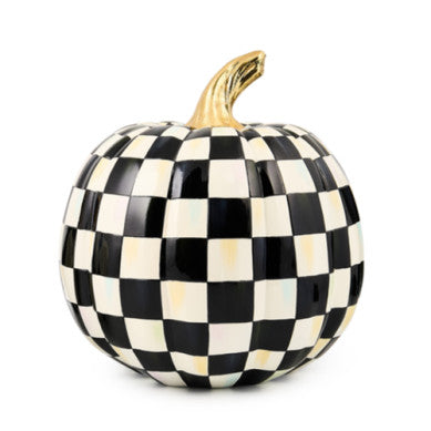 Courtly Check Glossy Medium Pumpkin with a black and white checkered pattern and a gold stem.