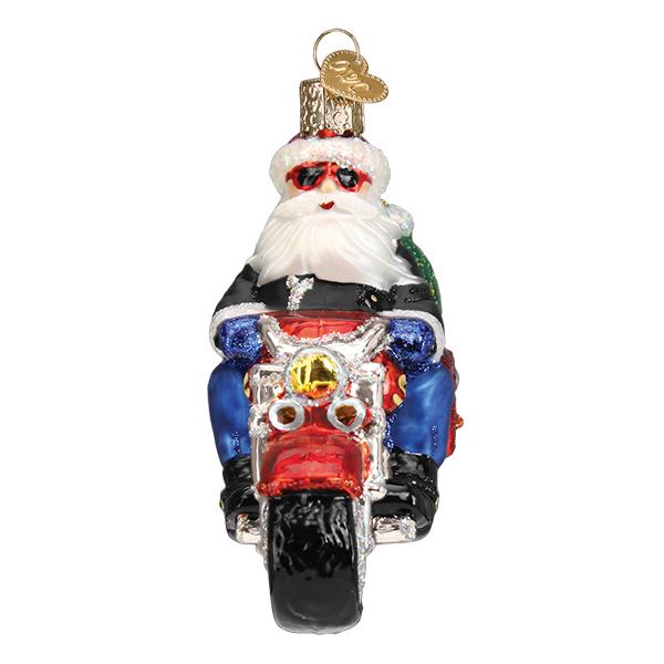 Glass Biker Santa ornament wearing sunglasses and riding a red motorcycle.