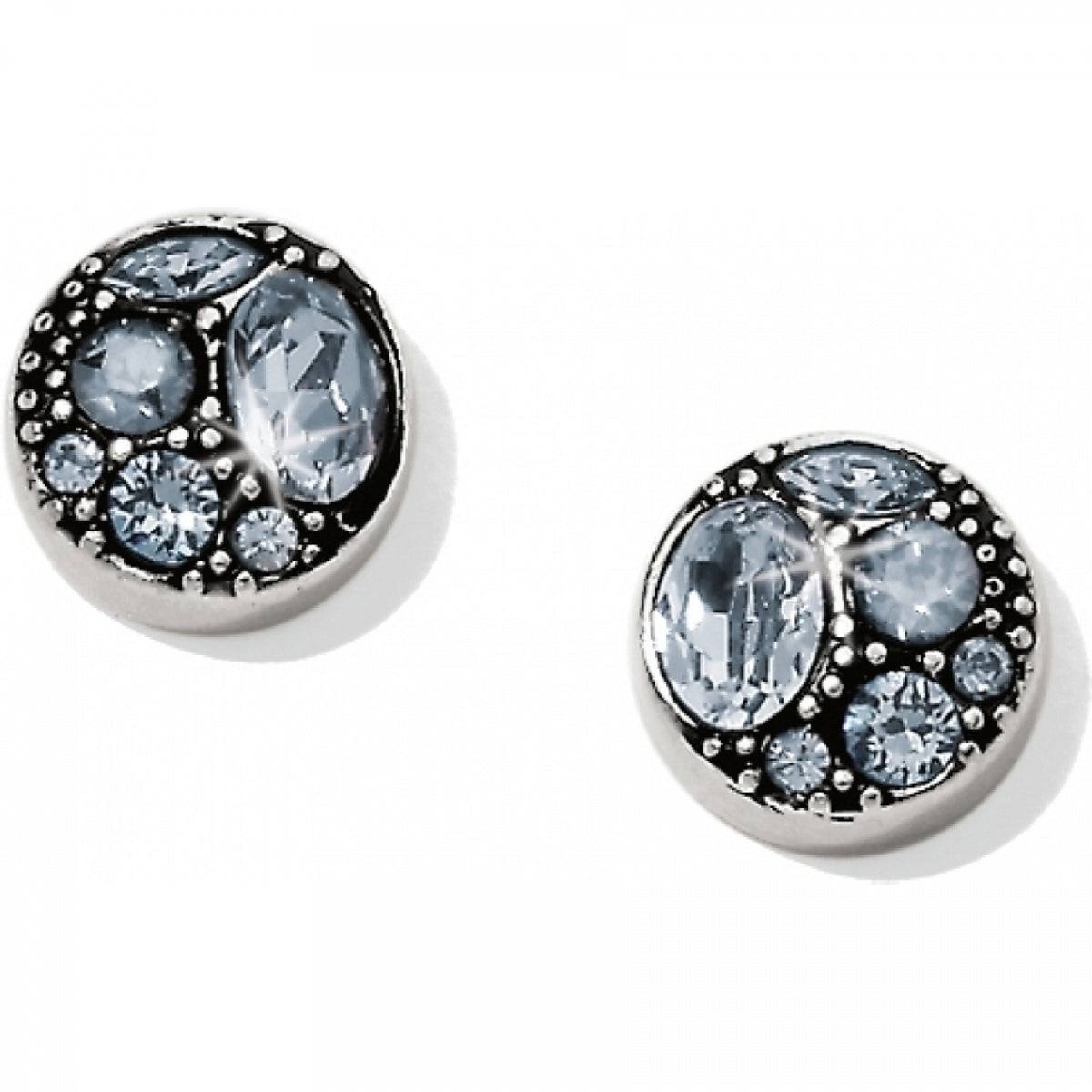 Silver-plated post earrings with flat disc backs featuring aqua-colored fine quality crystals.