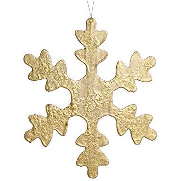 12-inch gold metal snowflake ornament with a textured finish and hanging wire.