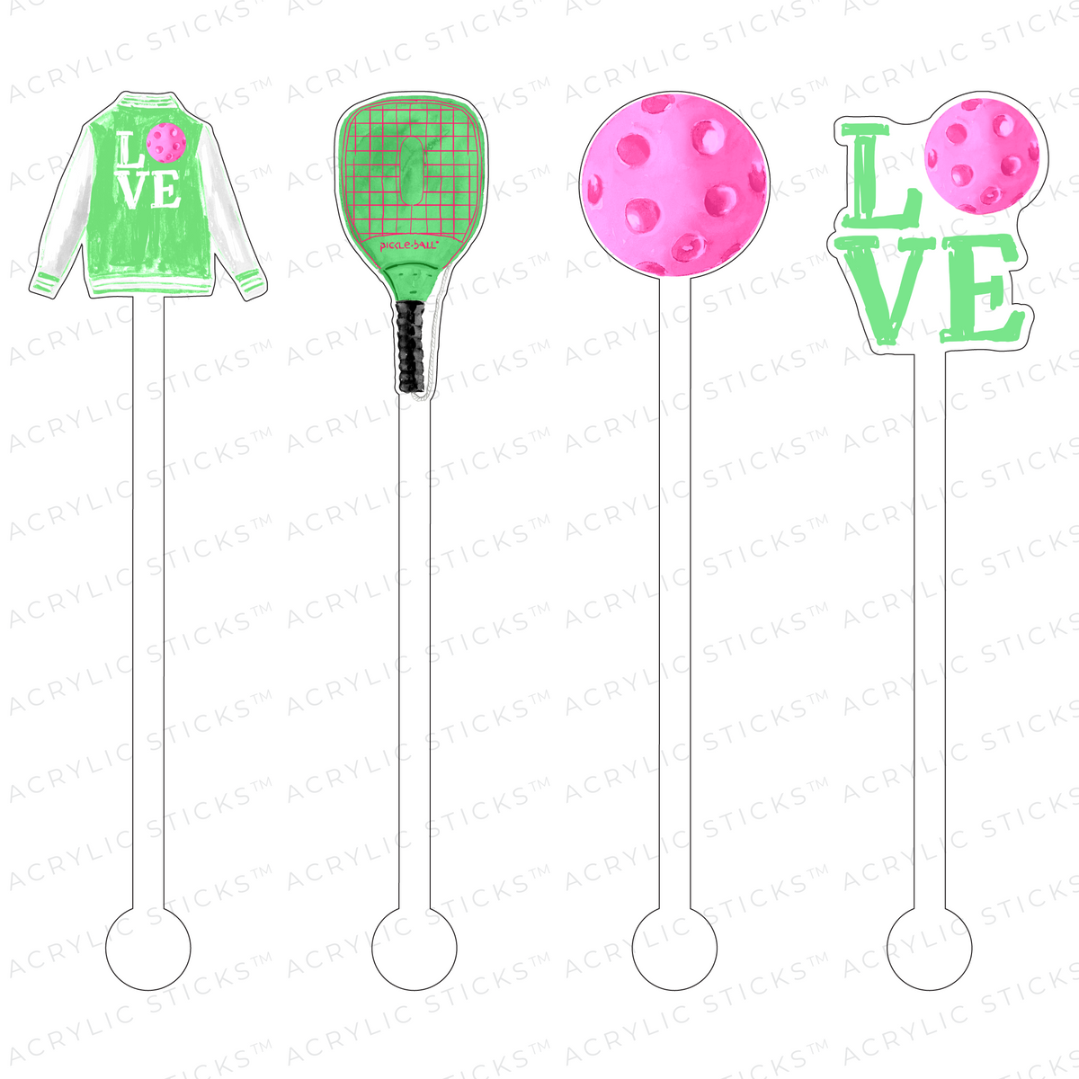 Set of 4 pickleball-themed acrylic stir sticks in hot pink and lime green designs.