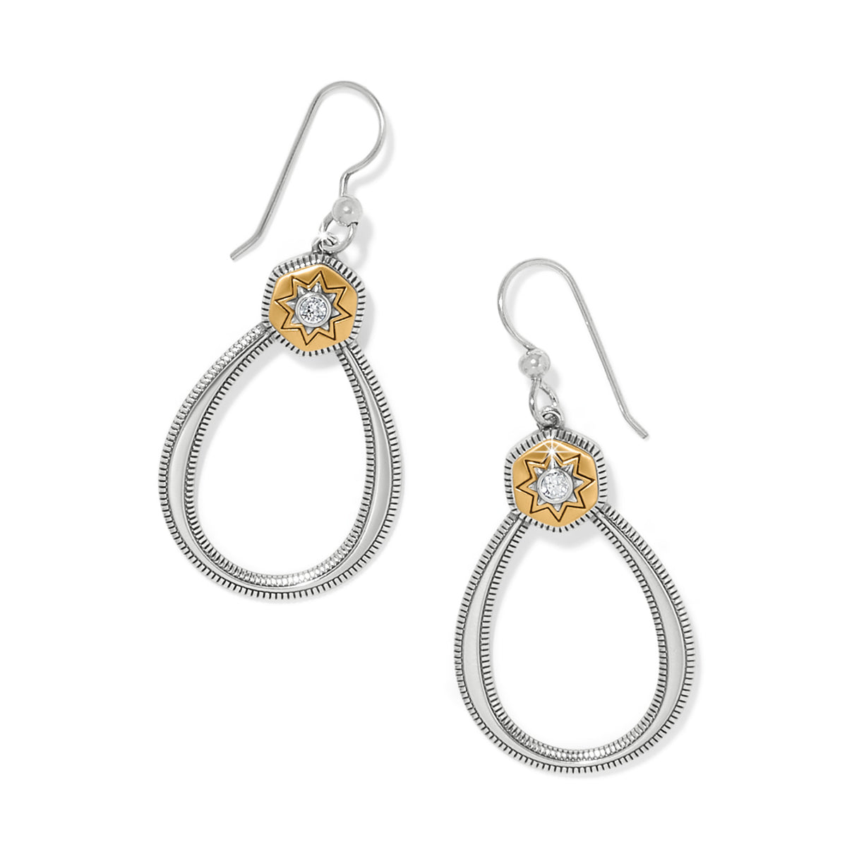 Silver-gold two-tone mosaic French wire earrings with lever backs featuring fine quality crystals and a drop silhouette.