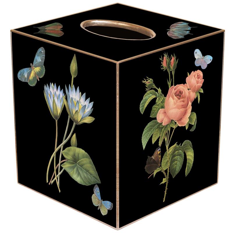 Hand-cut paper mache tissue box cover with gold-painted edges.