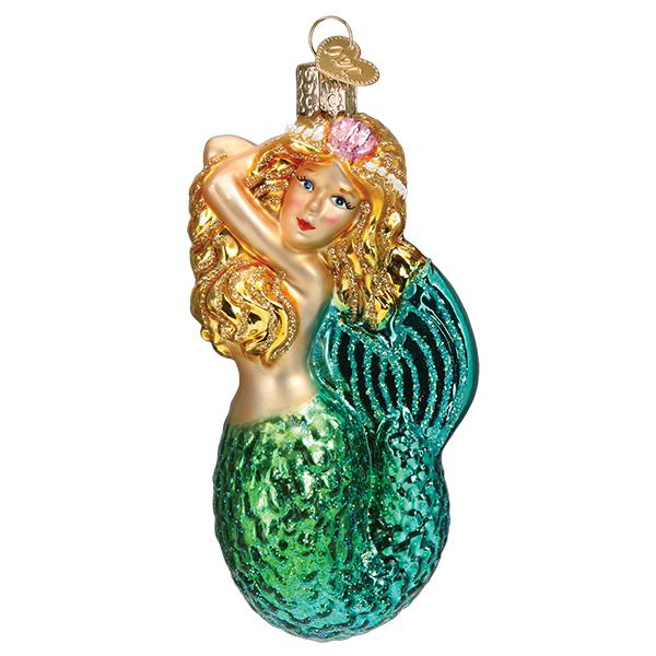 Seashell Mermaid Ornament with golden hair, a pink shell crown, and a glittery green tail.