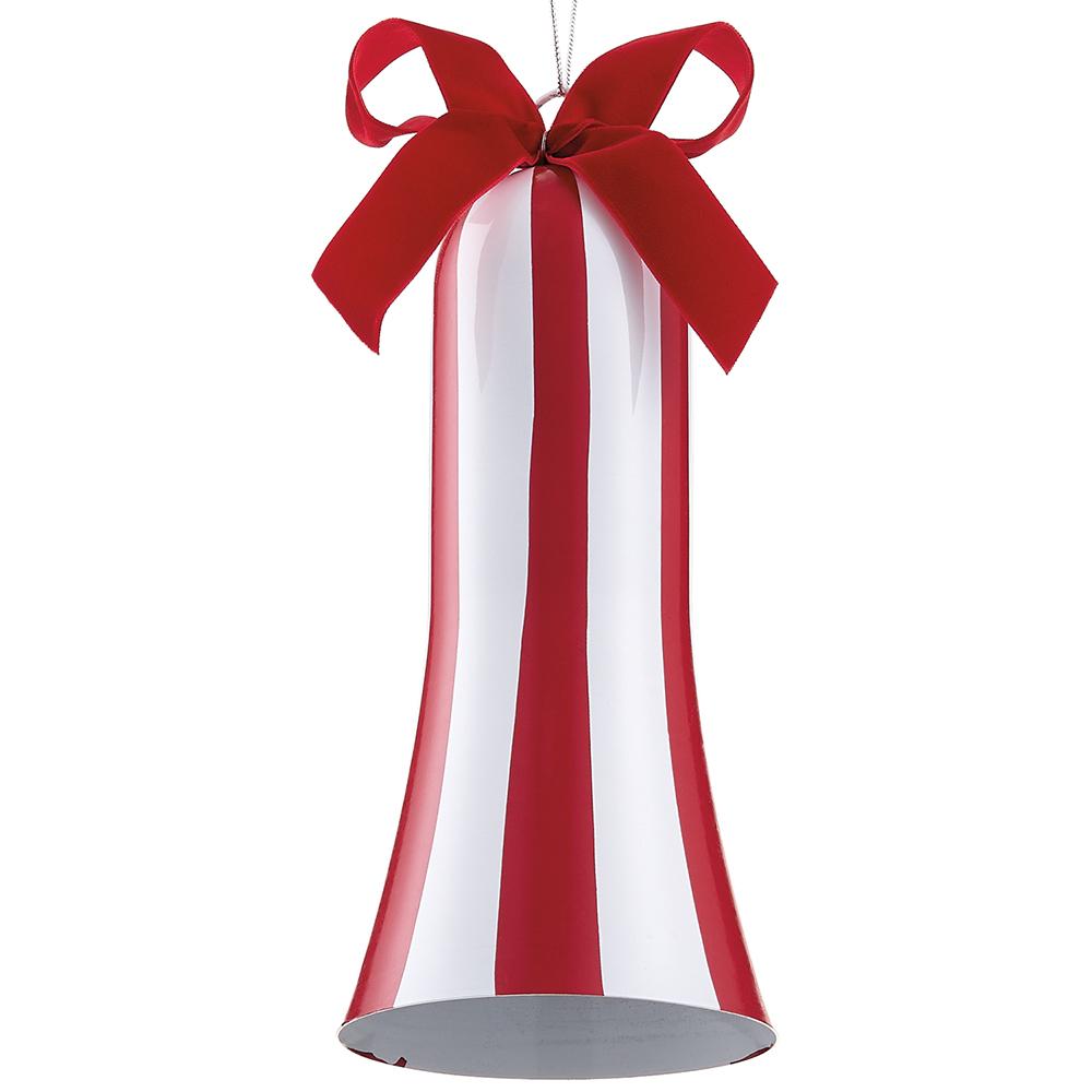 10.5-inch red and white striped metal bell ornament with a red fabric bow on top.