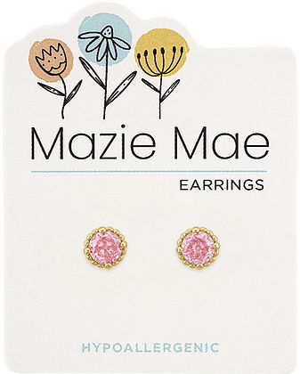 Gold beaded rose stud earrings by Mazie Mae on a white hypoallergenic card with floral illustrations.
