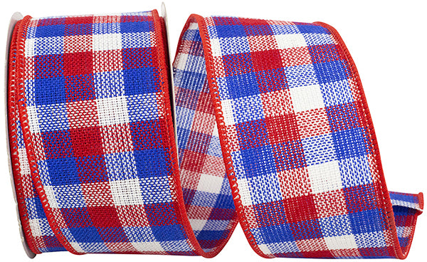 Patriotic Comfort Check wired-edge fabric roll featuring a red white blue checkered pattern on polyester.