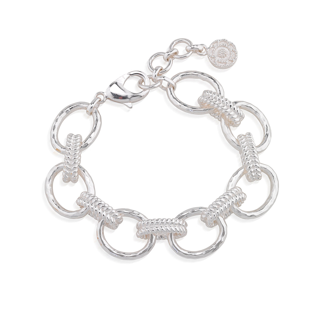 Silver Cleopatra Regal Link Bracelet with hammered oval links and braided wheat motif connectors.
