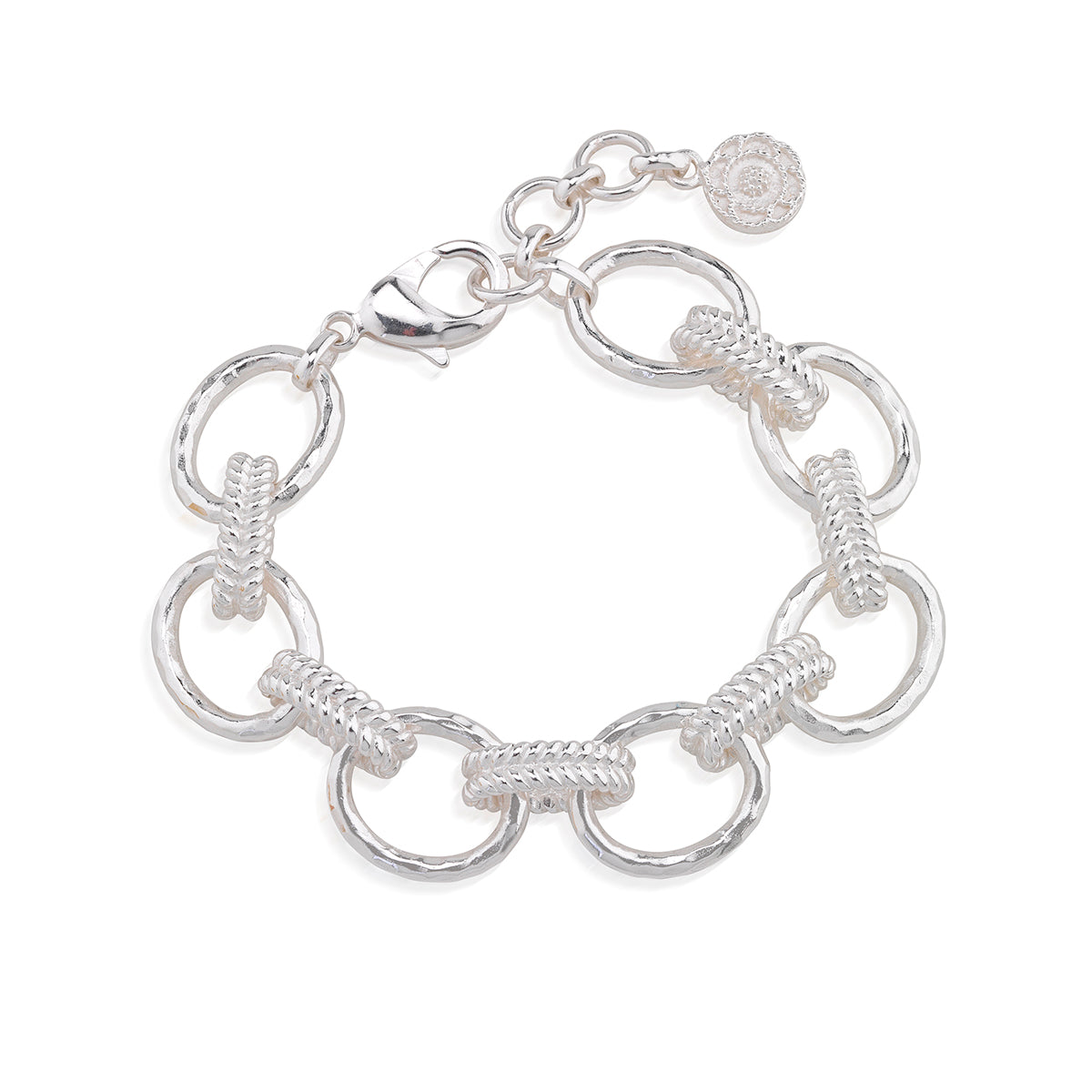 Silver Cleopatra Regal Link Bracelet with hammered oval links and braided wheat motif connectors.