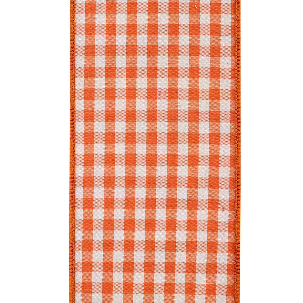 4 inch orange and white gingham check wired edge ribbon with a dupioni texture.