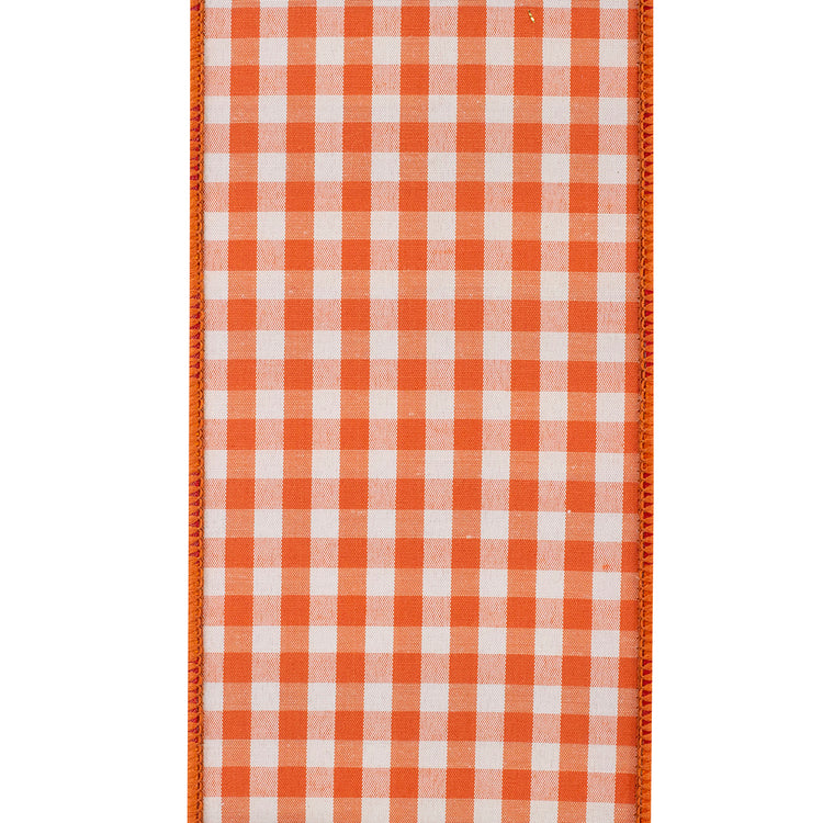 4 inch orange and white gingham check wired edge ribbon with a dupioni texture.