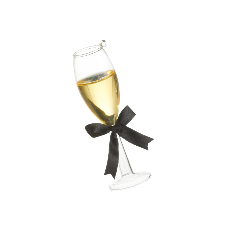 5.5-inch glass champagne flute ornament with golden liquid and a black ribbon bow.