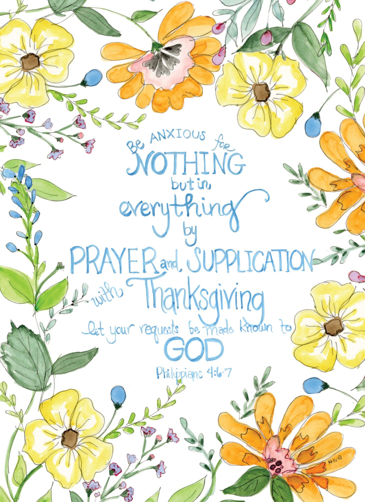 Watercolor floral greeting card with Philippians 4:6-7 scripture text in blue hand-lettering.