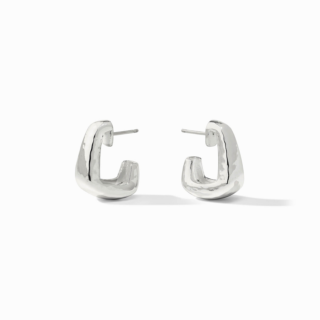 Pair of silver-plated Sahara Hoop earrings with a hammered texture and post for pierced ears.
