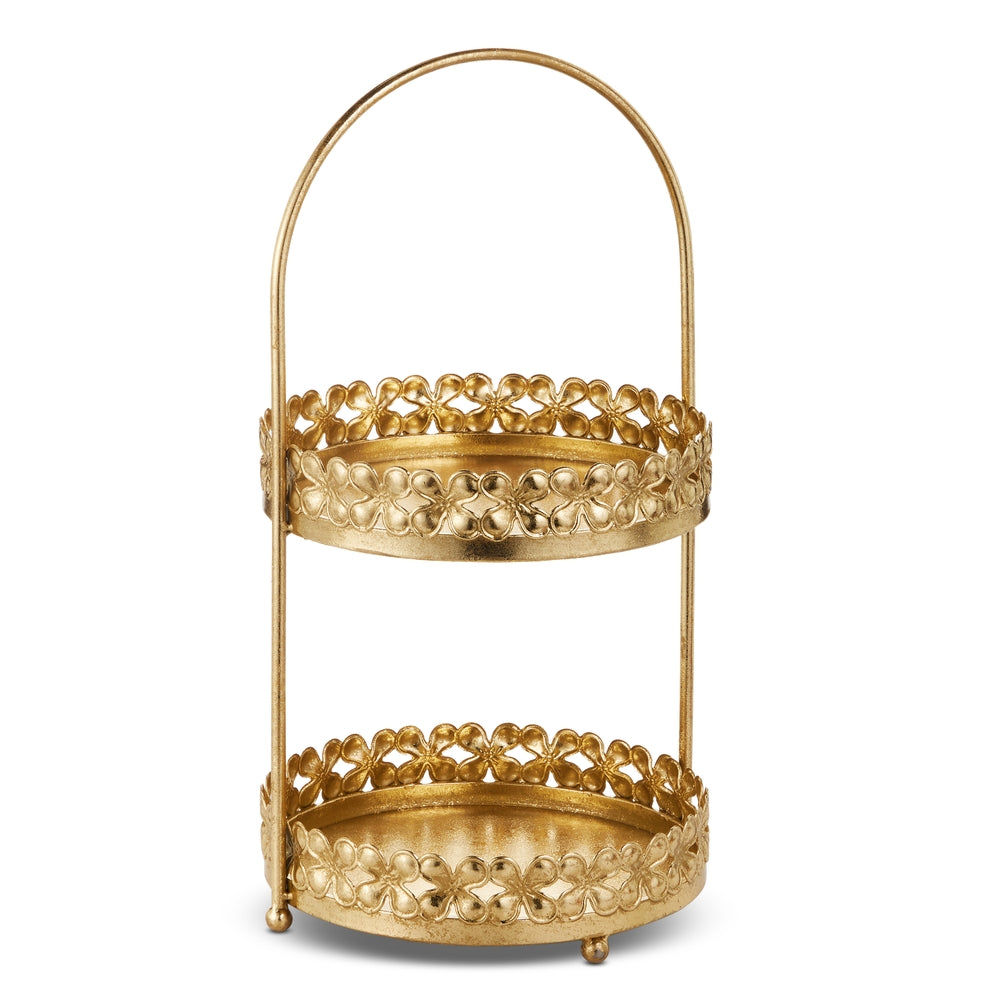 Gold metal tiered stand with iron construction measuring 19.5 inches high.