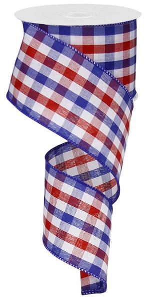 Red, white, and blue checkered polyester fabric roll measuring 2.5 inches by 10 yards.