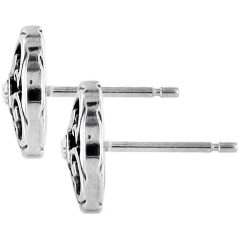 Side view of silver-plated Betsey Mini Post Earrings with crystal accents.