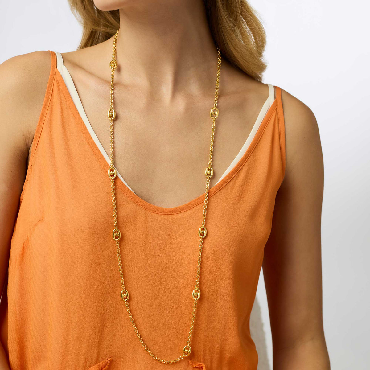 Laguna Station necklace with a long chain featuring toggle closure.