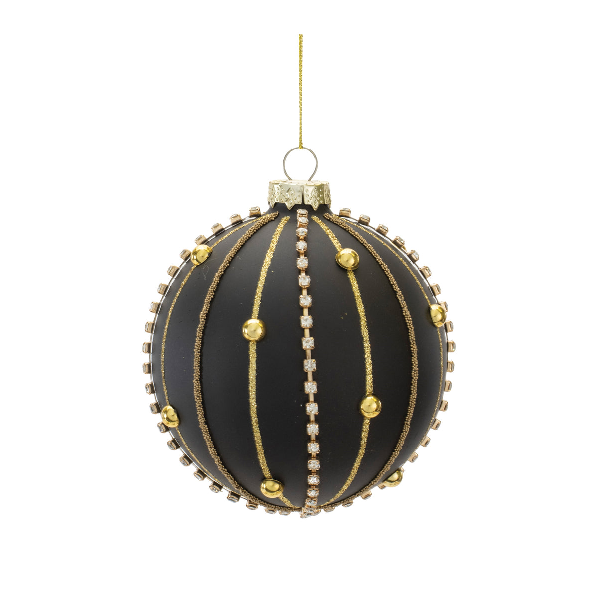 Matte black glass ornament with gold glitter stripes, gold studs, and rhinestone accents.