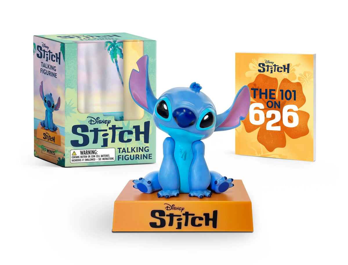 Disney Stitch talking figurine in blue plush fabric with large ears and black eyes.