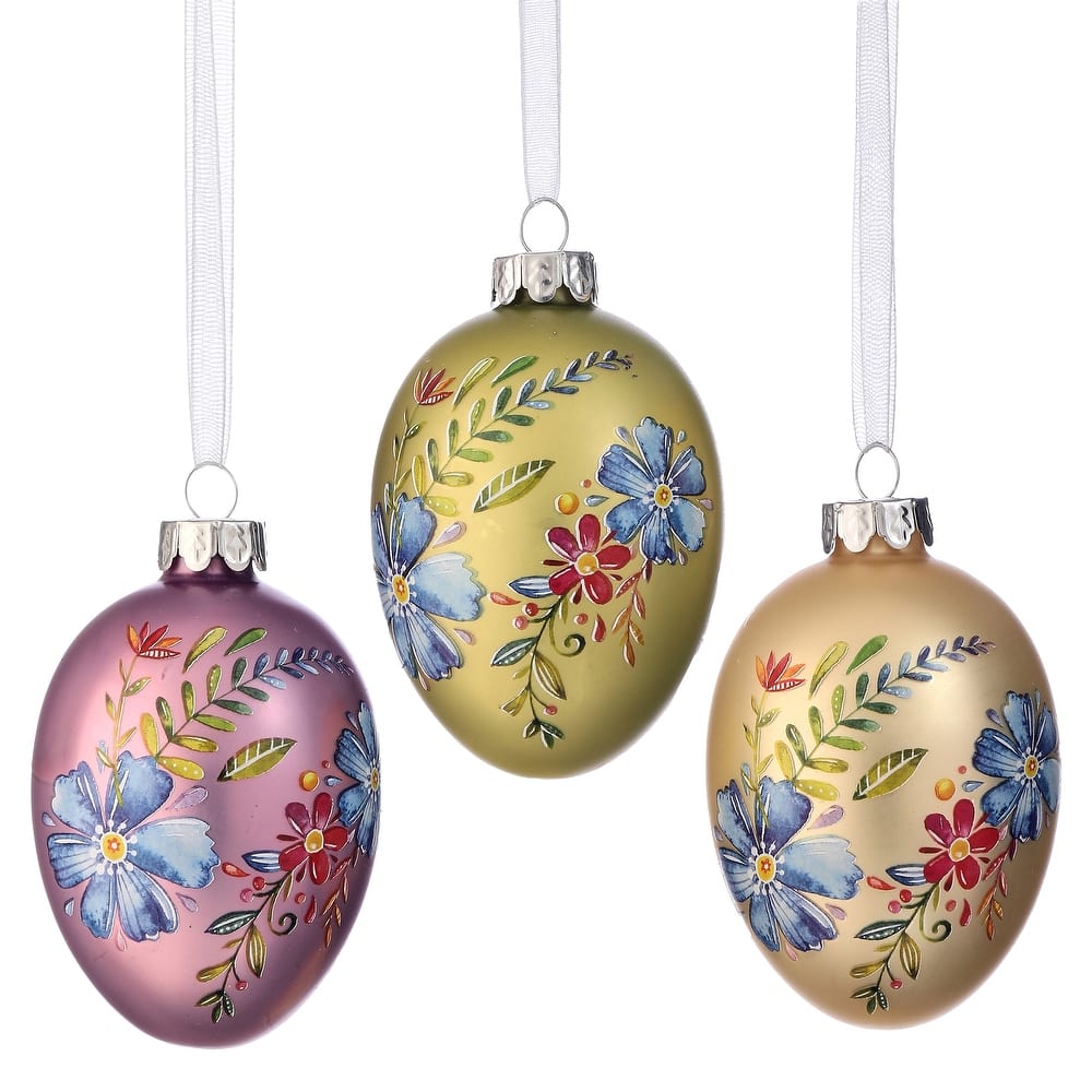 3.5-inch glass egg ornament with a blossom spring design in clear material.