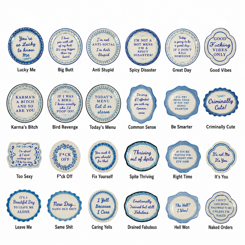 Grid of 24 hand-painted stoneware magnets with various witty sayings in blue script on white plates.