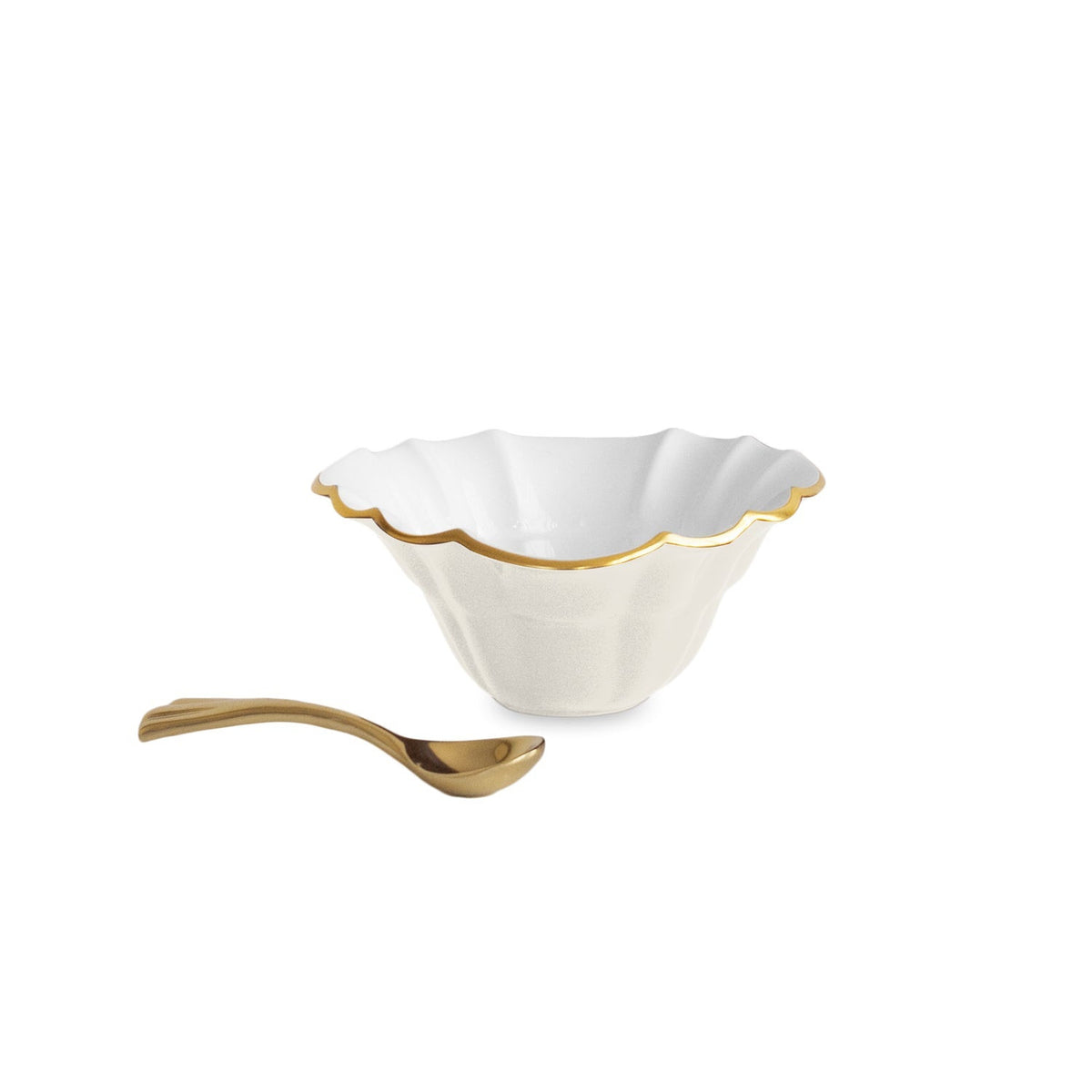 Encanto Tuscany mini round bowl in cream and white with a scalloped gold rim and matching spoon.