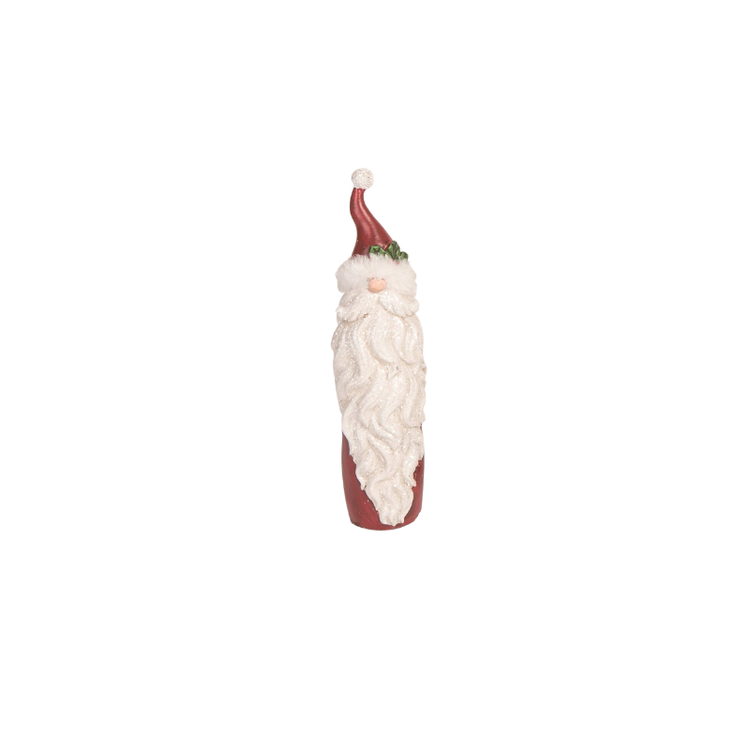Resin Santa figurine with a long white glittery beard and a red hat, sold individually.