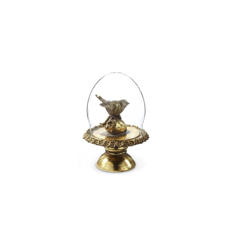 6.5 inch glass cloche with a gold bird figurine on a pedestal base.