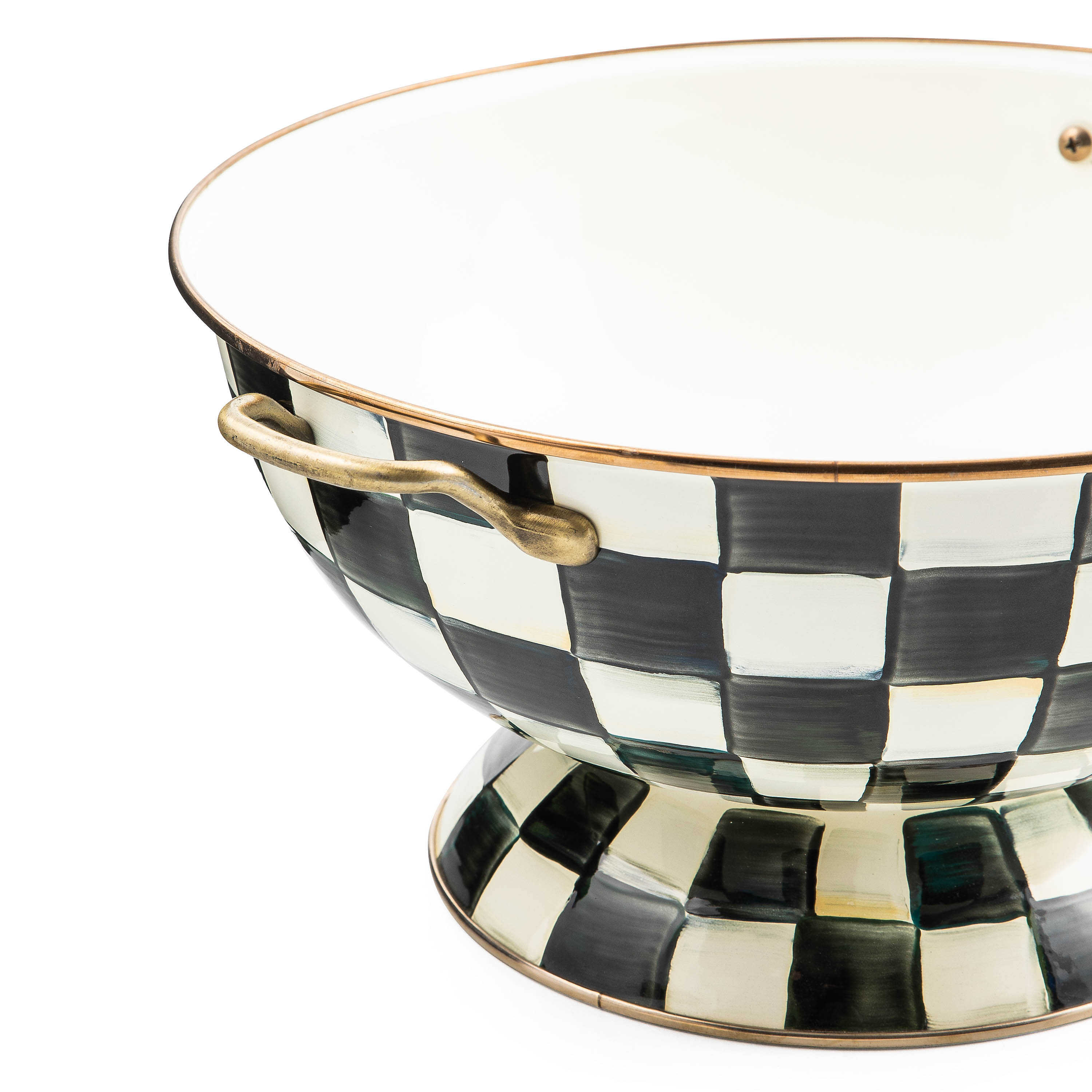 Courtly Check enamel bowl with black and white checkered pattern and brass-tone handles and rim.
